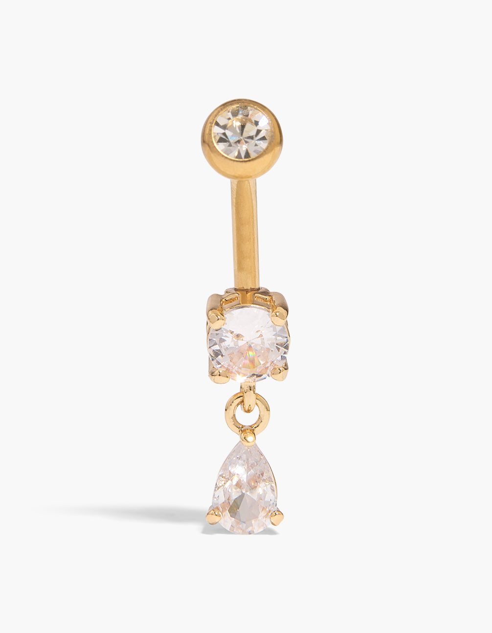Showcasing a charm with diamond details in round and pear stone cuts, crafted from gold plated titanium belly bar detail view