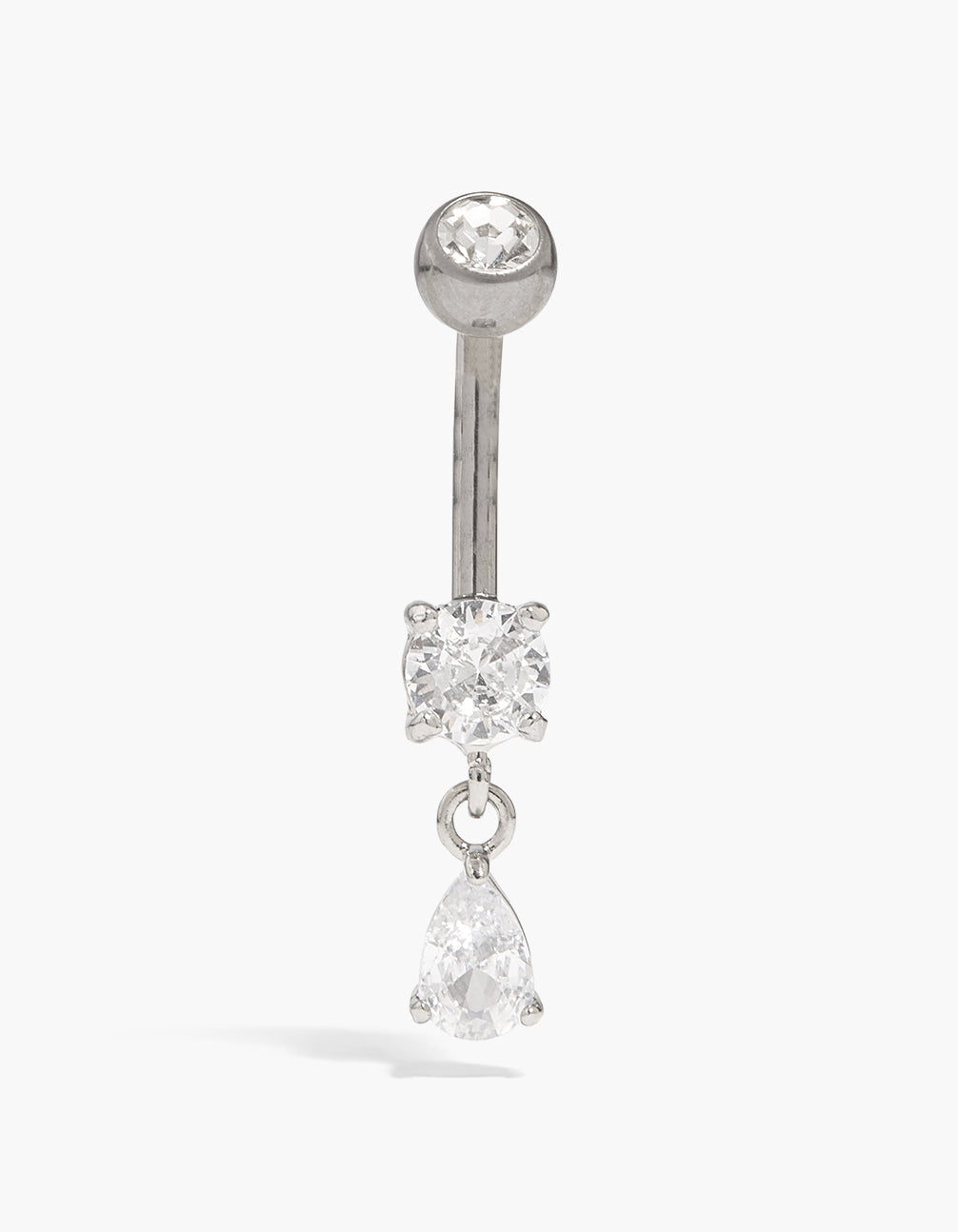 Showcasing a titanium belly bar featuring round and pear cut diamonds with charm detail front view