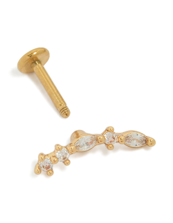 Stunning crawler stud earring in gold plated titanium featuring marquise cut cubic zirconia with flat back closure post detail view