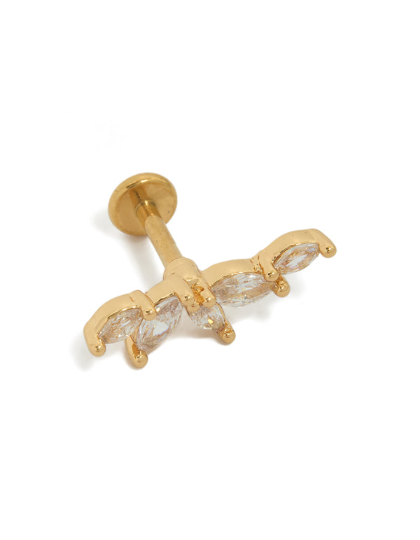 Crafted from gold plated titanium with cubic zirconia fan crawler stud and flat back closure front view