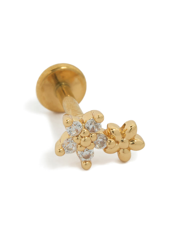 Crafted from gold plated titanium featuring cubic zirconia, this dainty single double flower stud with flat back closure in gold and clear tones front view