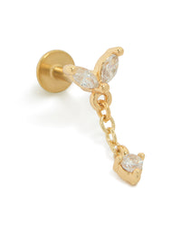 Showcasing a gold plated titanium cubic zirconia fan chain single flat back stud featuring crystal and clear accents front view - link has visual effect only