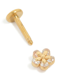 Featuring dainty cubic zirconia layered flower single flat back stud with titanium construction in gold plated finish and clear gemstones front view - link has visual effect only