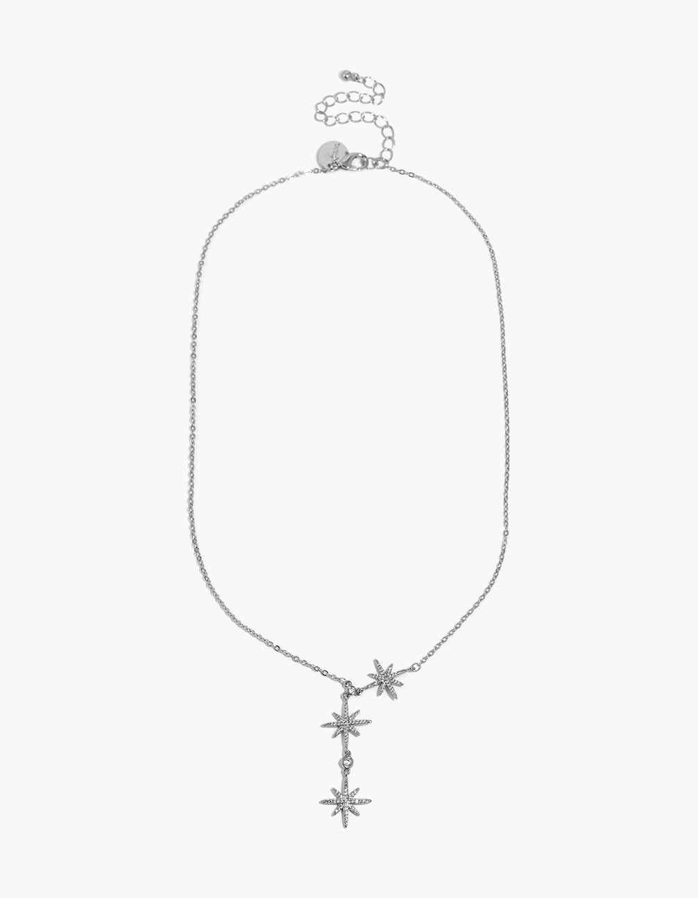 Admire this celestial charm featuring pavé stars trio pendant in silver with cubic zirconia and statement necklace clasp detail view