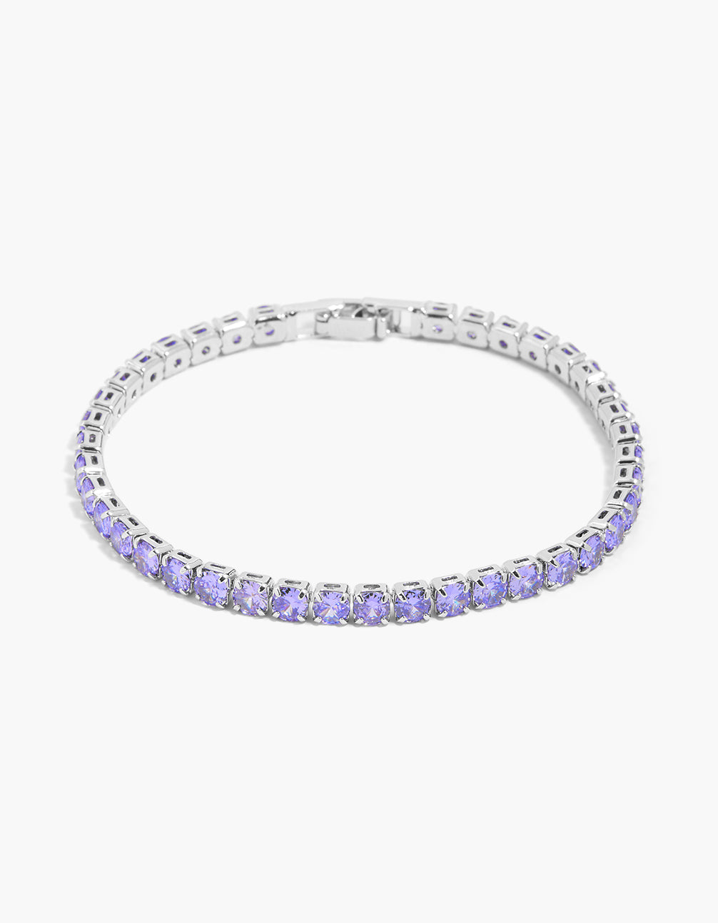 Showcasing a lavender purple cubic zirconia tennis bracelet in silver front view