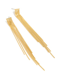 Showcasing statement tassel gold plated waterfall chain drop earrings front view - link has visual effect only
