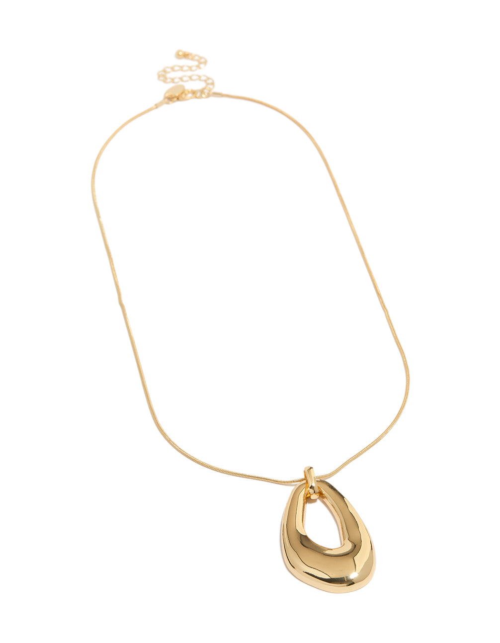Crafted with precision, this gold plated long organic oval pendant necklace showcases a timeless silhouette front view