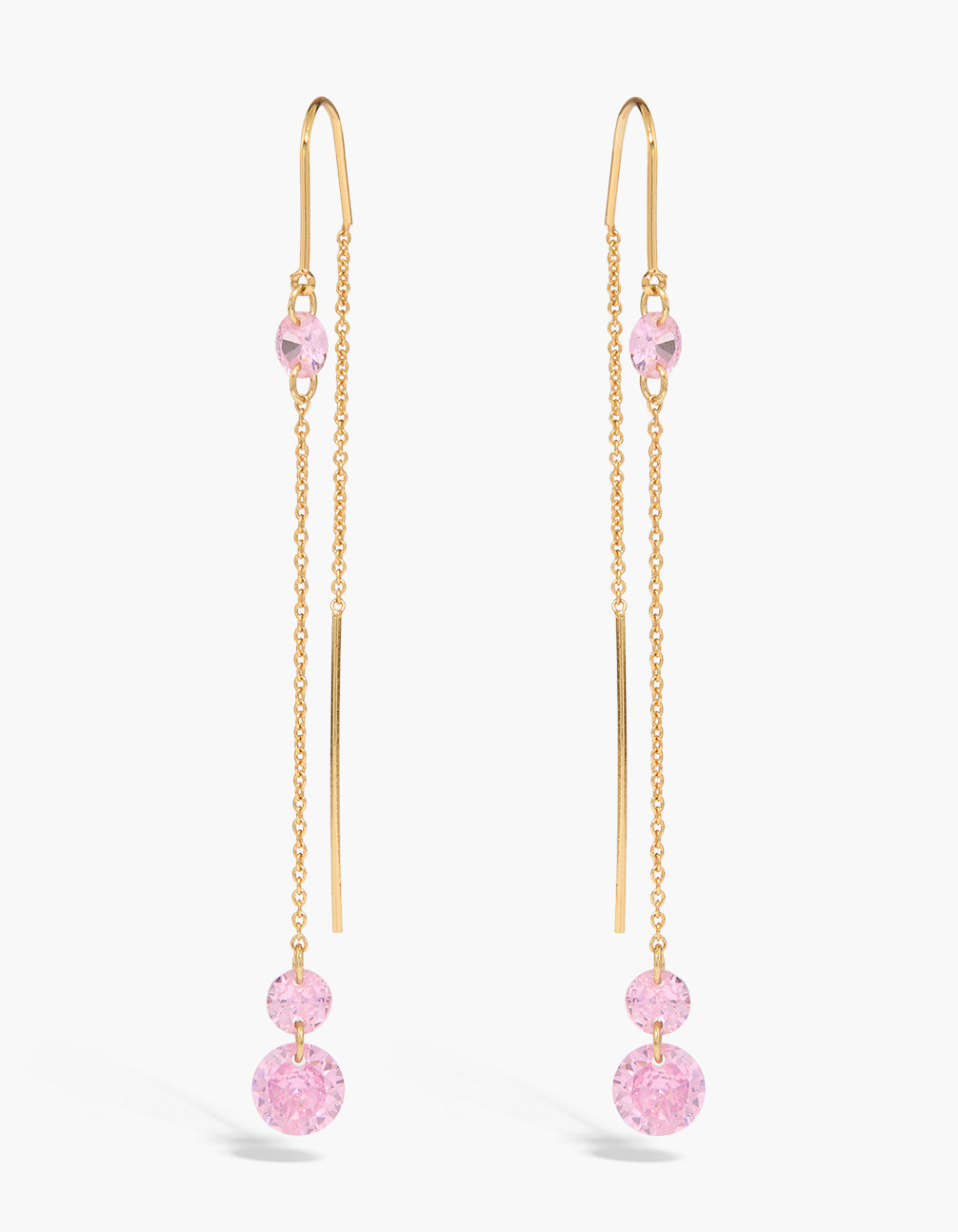 Showcasing gold plated pink cubic zirconia drop hook earrings front view
