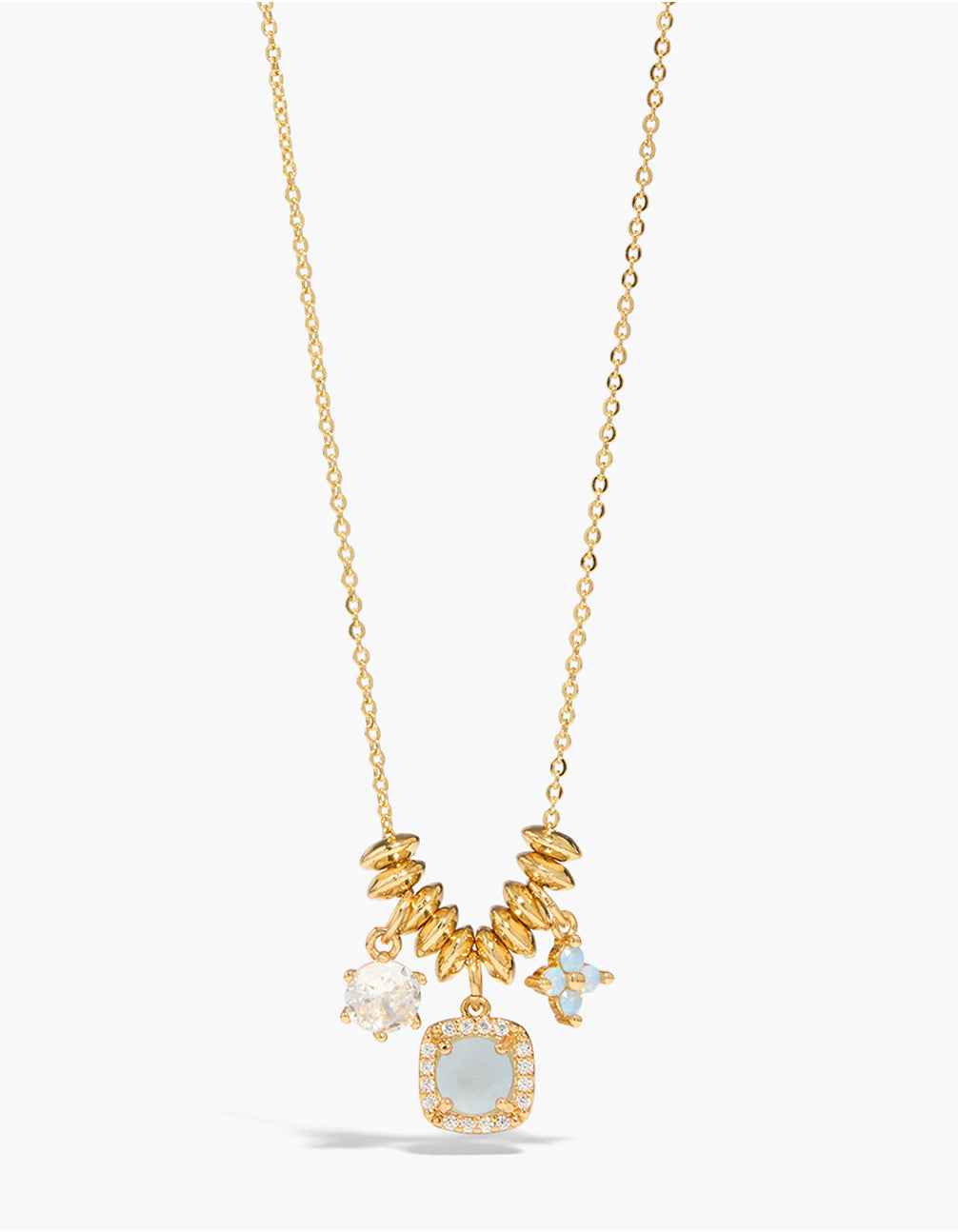 Beautifully crafted gold plated multicoloured cubic zirconia mix charm with flower rondelle necklace close up view
