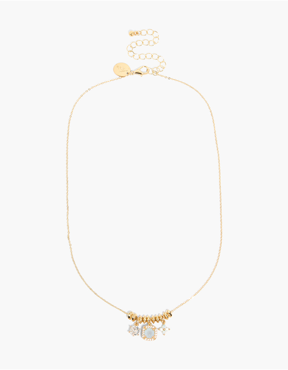 Showcasing a gold plated multicoloured cubic zirconia mix charm with floral rondelle necklace with lobster clasp front view