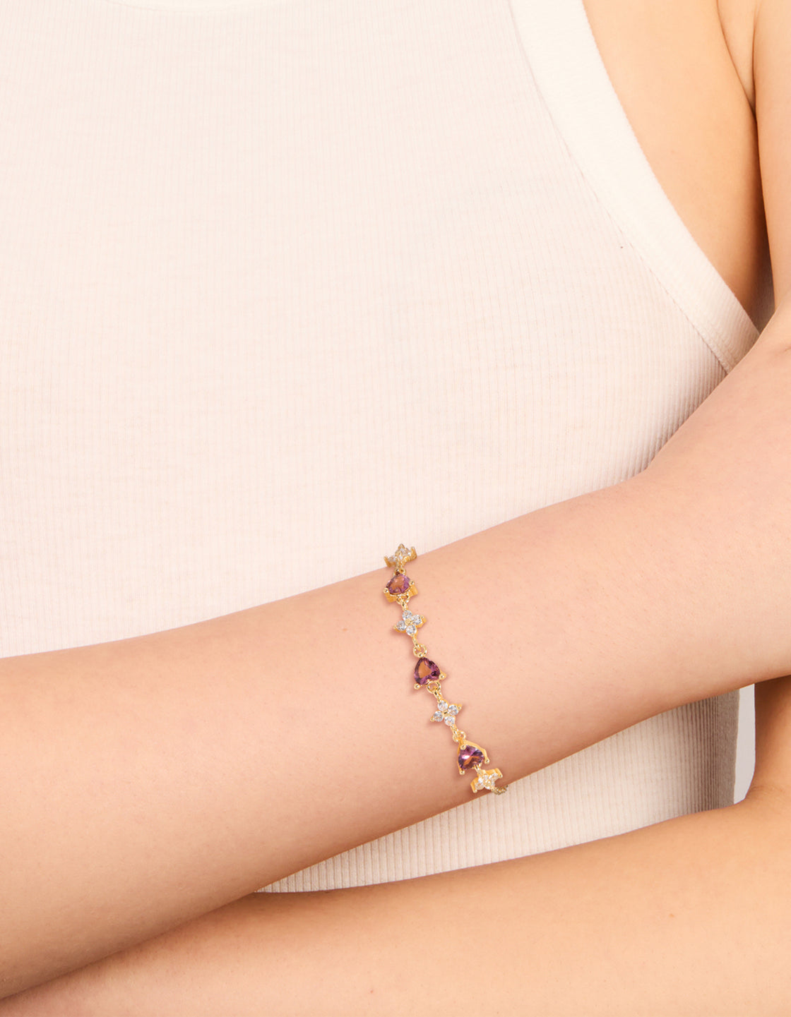 Gold Plated Purple Cubic Zirconia Flower Bracelet