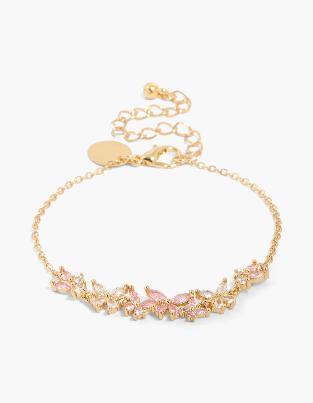 Showcasing a gold plated pink cubic zirconia butterflies cluster bracelet front view