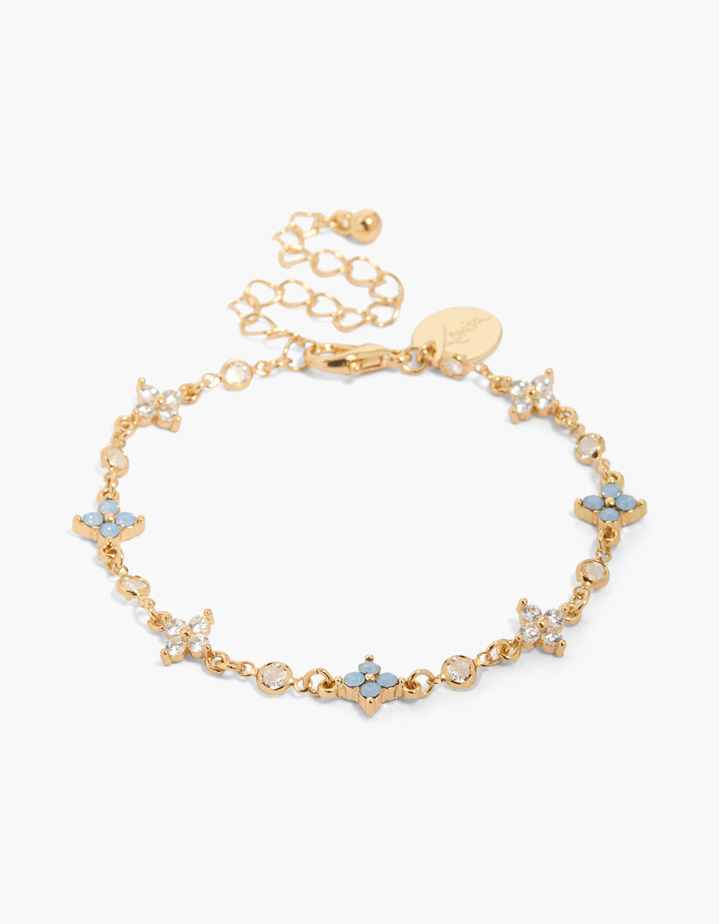 Showcasing a floral bracelet crafted from cubic zirconia and gold plated material with blue mini flowers front view