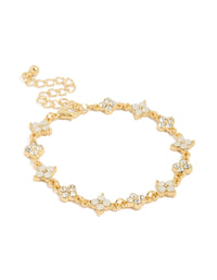Featuring a flower bracelet crafted from gold plated metal with cubic zirconia in beige and clear, statement style front view - link has visual effect only