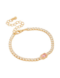Showcasing a gold plated pink cubic zirconia baguette tennis bracelet with crystal accents front view - link has visual effect only