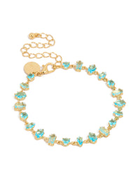 Showcasing a gold plated blue large multi cut cubic zirconia tennis bracelet with blue stones and statement design front view - link has visual effect only