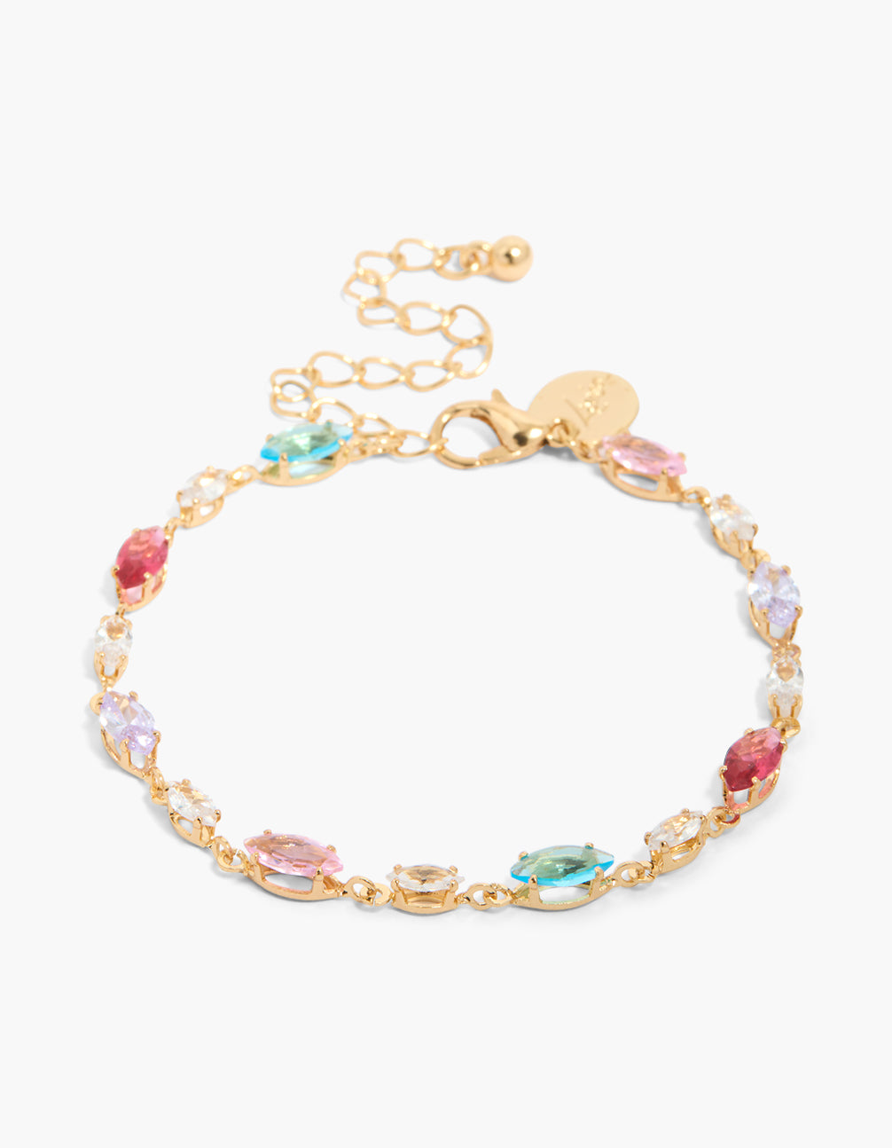 Showcasing a gold plated mix multicoloured cubic zirconia ovals bracelet with pink, aqua, and lavender stones front view