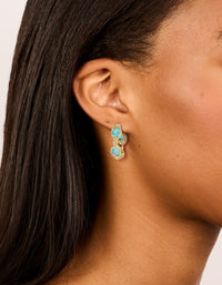 Showcasing gold plated cubic zirconia blue oval hoop earrings in aqua on ear view - link has visual effect only