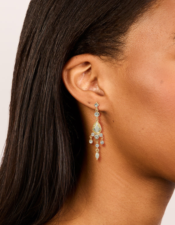 Elegant gold plated cubic zirconia yellow drop earrings with charm accents on ear view
