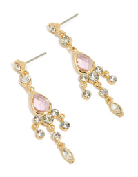 Beautifully crafted gold plated pink cubic zirconia drop detail earrings with charm front view - link has visual effect only