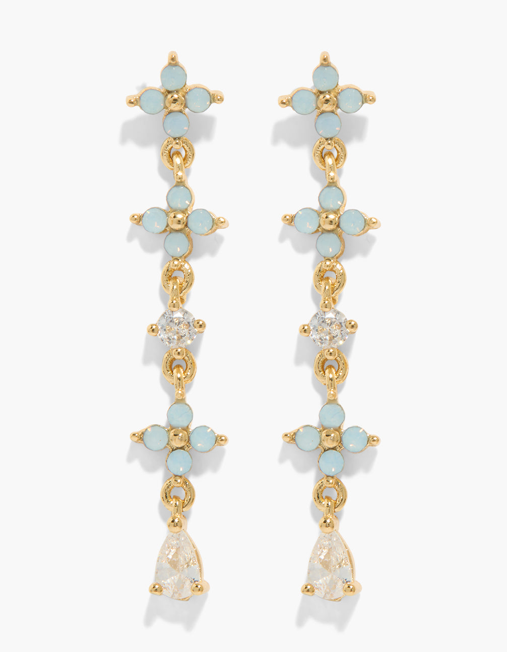 Exquisite gold plated clear cubic zirconia and mini blue flowers drop earrings front view