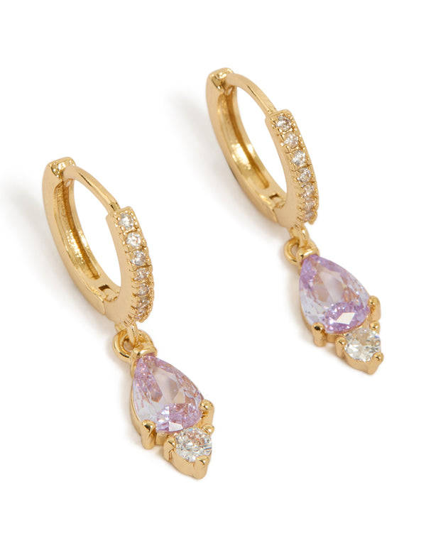Showcasing gold plated purple cubic zirconia teardrop earrings front view