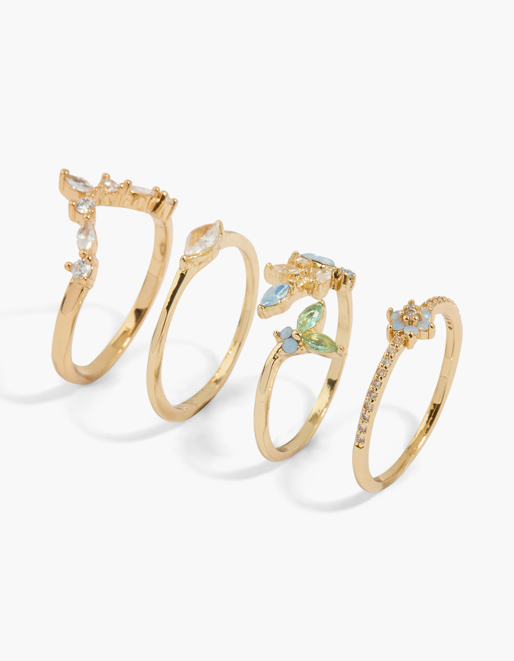Showcasing a 4-pack of gold plated rings with butterfly and floral designs featuring multicoloured cubic zirconia in oval and solitaire cuts with light blue, pale green, and light pink crystal accents front view