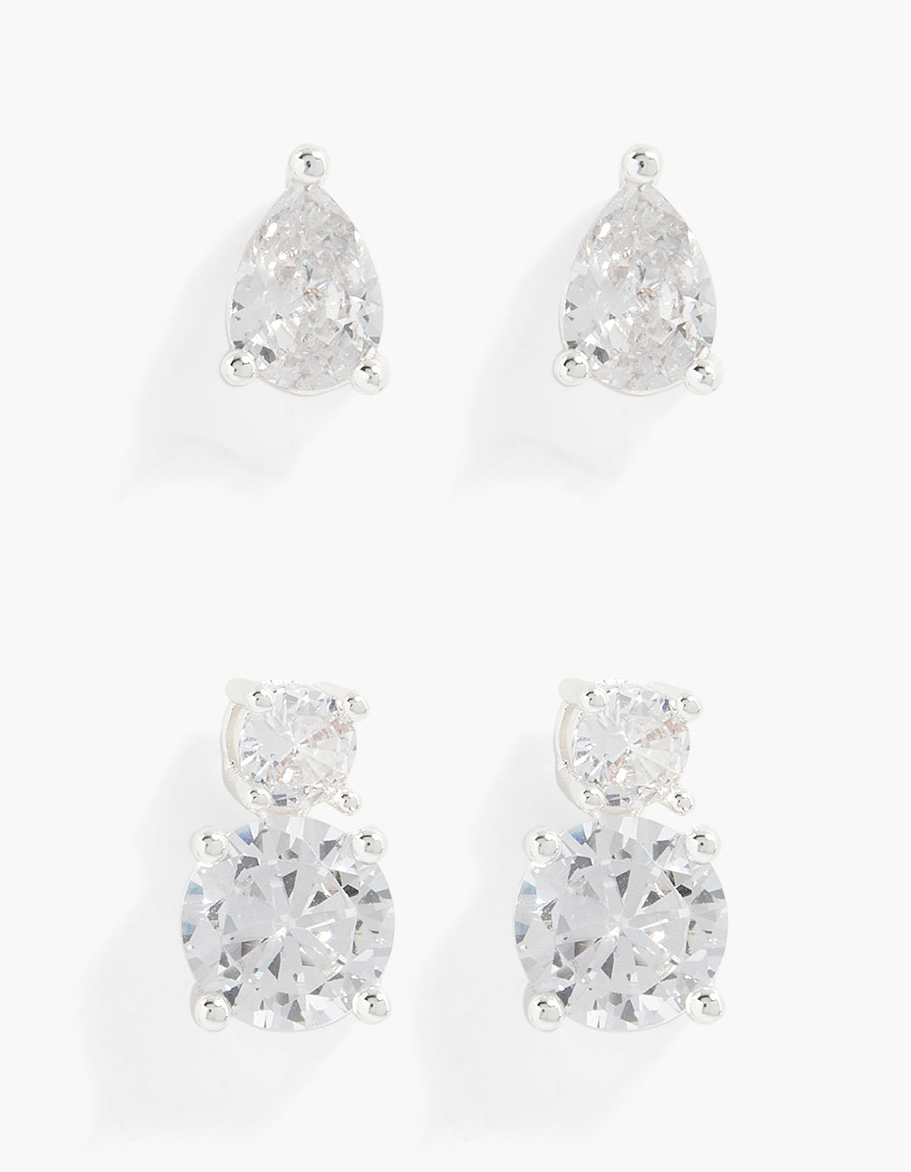 Showcasing a 2-pack of silver plated drop earrings featuring teardrop and circle shapes with cubic zirconia crystals and stud closure front view