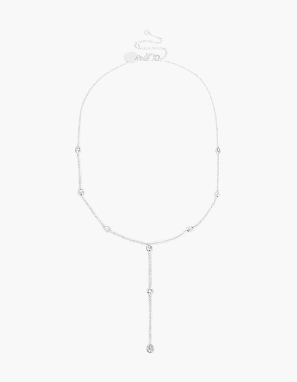 Elegant silver plated cubic zirconia lariat Y-necklace featuring pendant in dainty design clasp detail front view