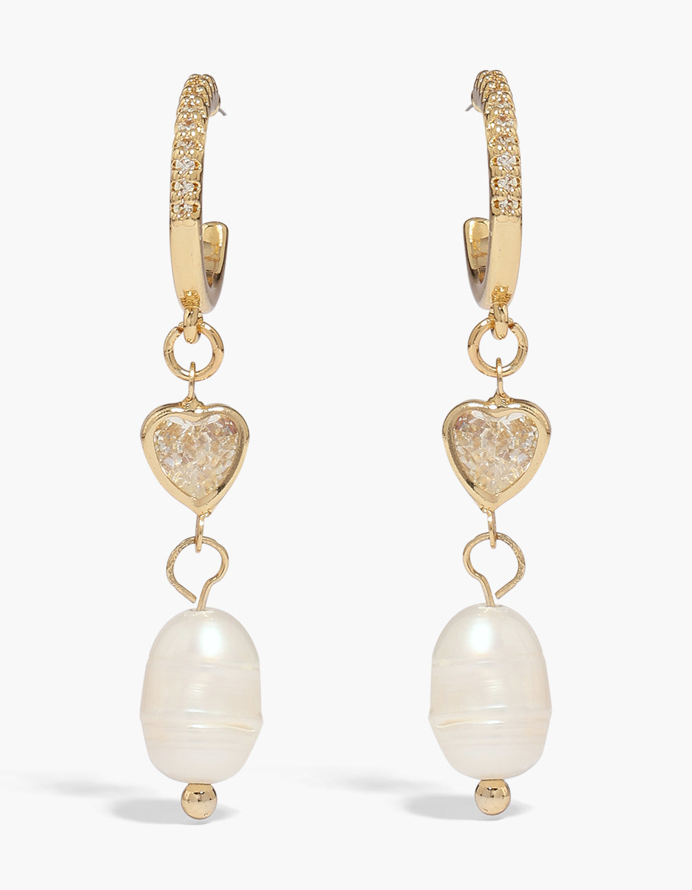 Elegant gold plated cubic zirconia heart freshwater pearl hoop drop earrings and crystal accents in ivory and clear front view