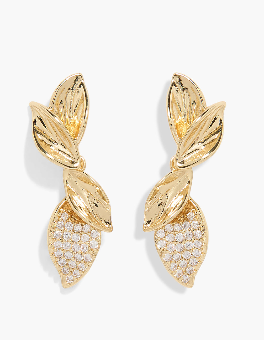 Showcasing drop earrings with leaf design, crafted from gold plated material featuring cubic zirconia in clear front view