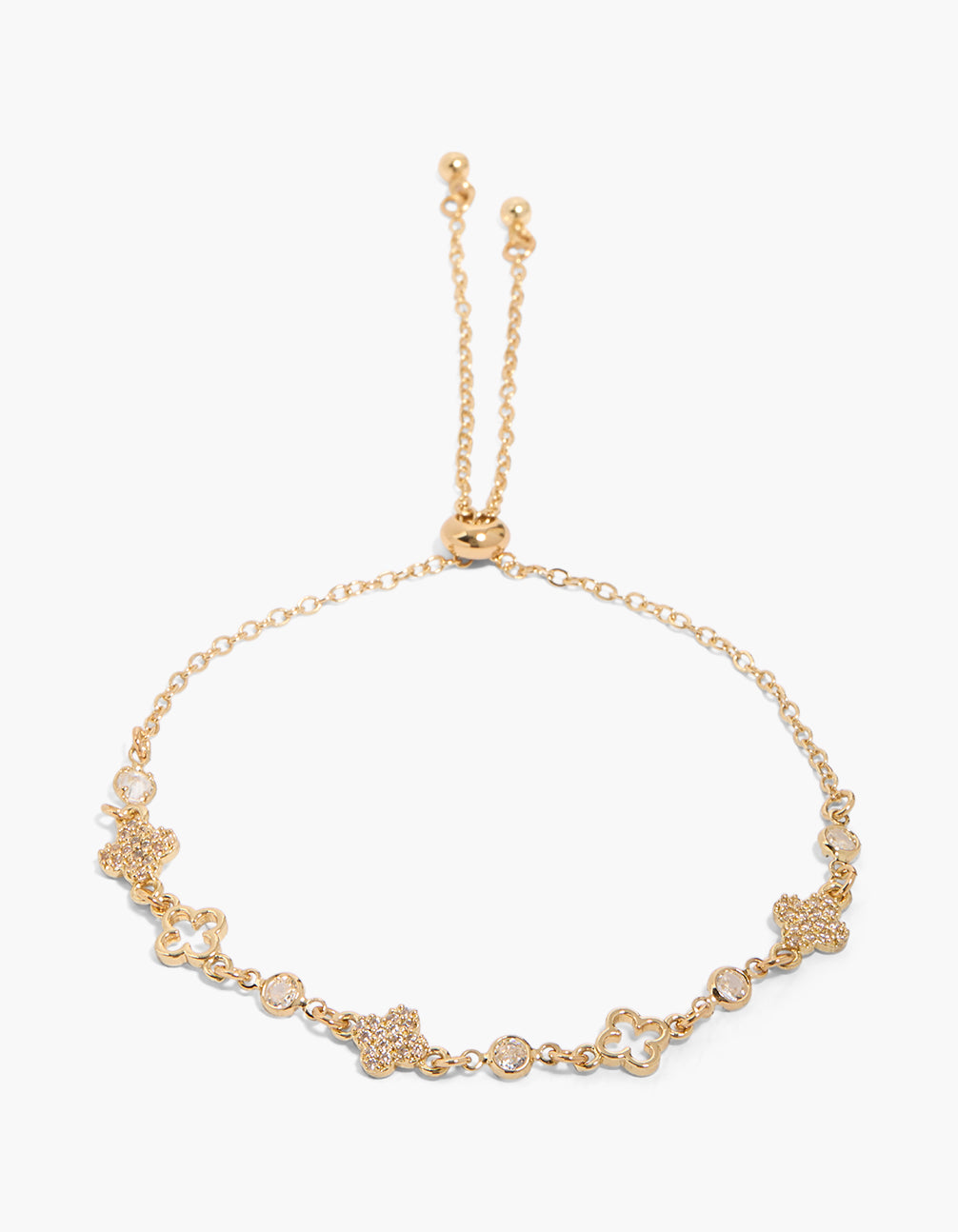 Gold Plated Clear Cubic Zirconia Round & Flowers Toggle Bracelet