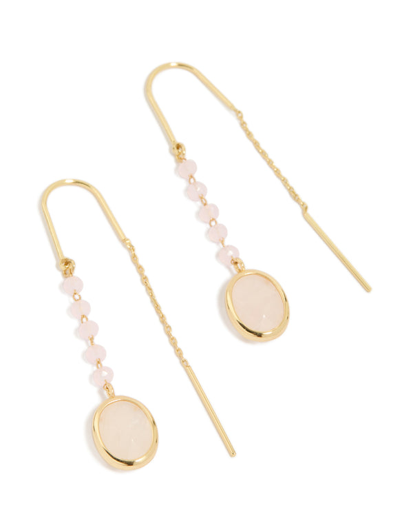 Exquisite threader earrings with pink beads and rose quartz drop crafted from gold plated material in statement style front view