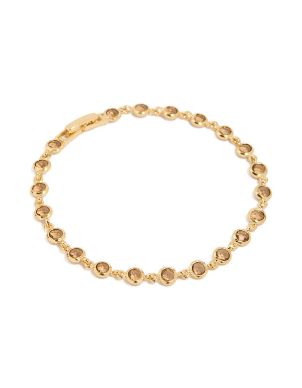 Beautifully crafted gold plated brown cubic zirconia bezel tennis bracelet front view