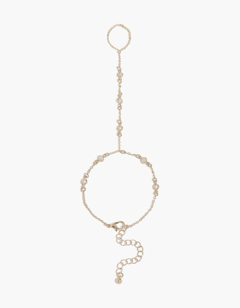 Showcasing a gold plated diamantes hand chain with ring bracelet front view