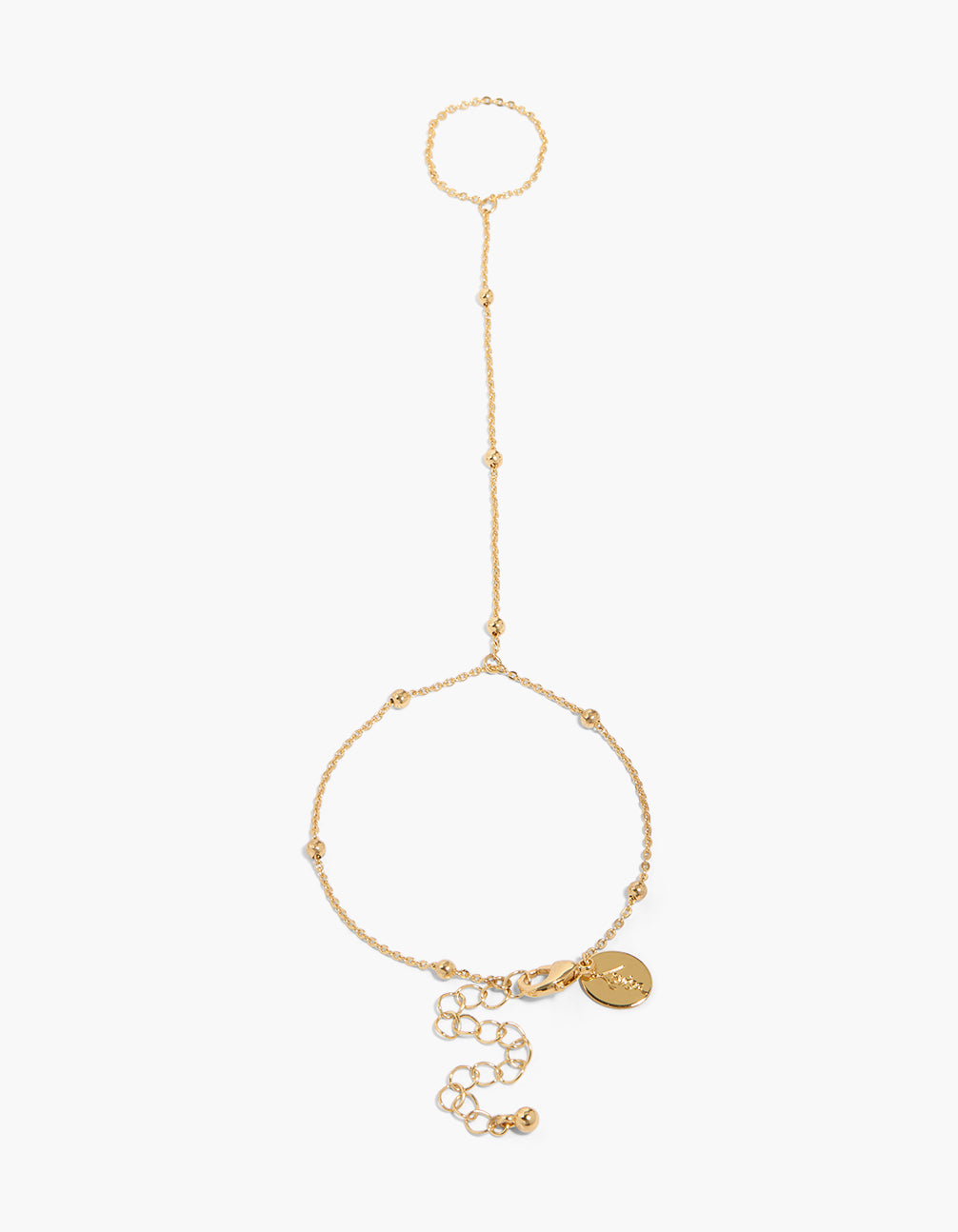 Elegantly crafted gold plated ball chain hand chain bracelet in dainty style front view