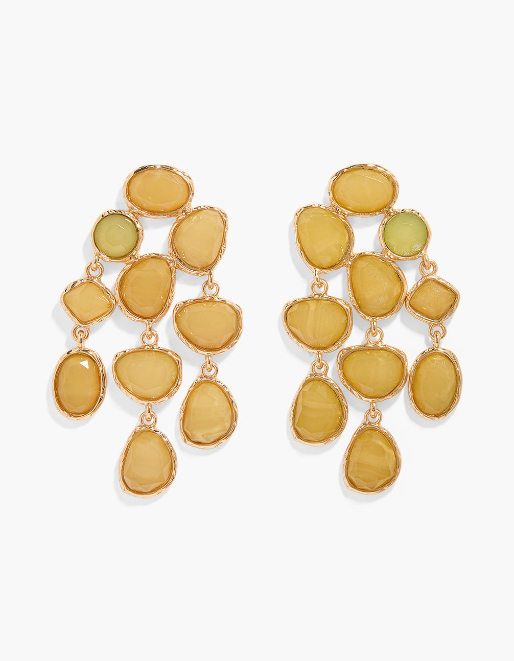 Statement drop earrings featuring resin marble pattern in gold, yellow green, and khaki tones front view