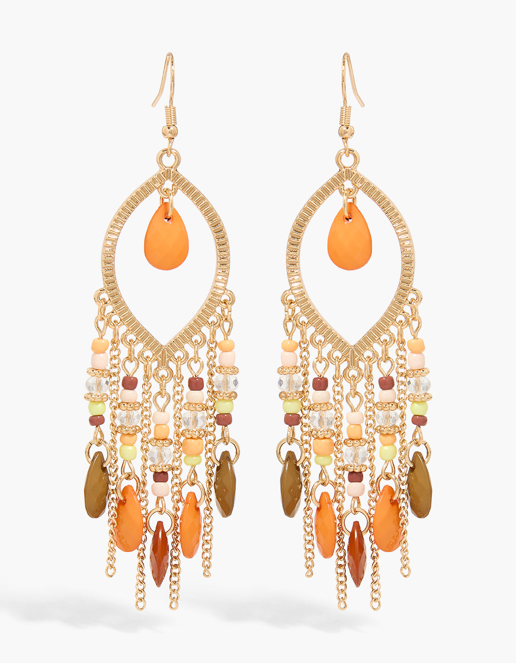 Showcasing gold orange and brown beaded fish hook drop earrings with tassel charm details front view