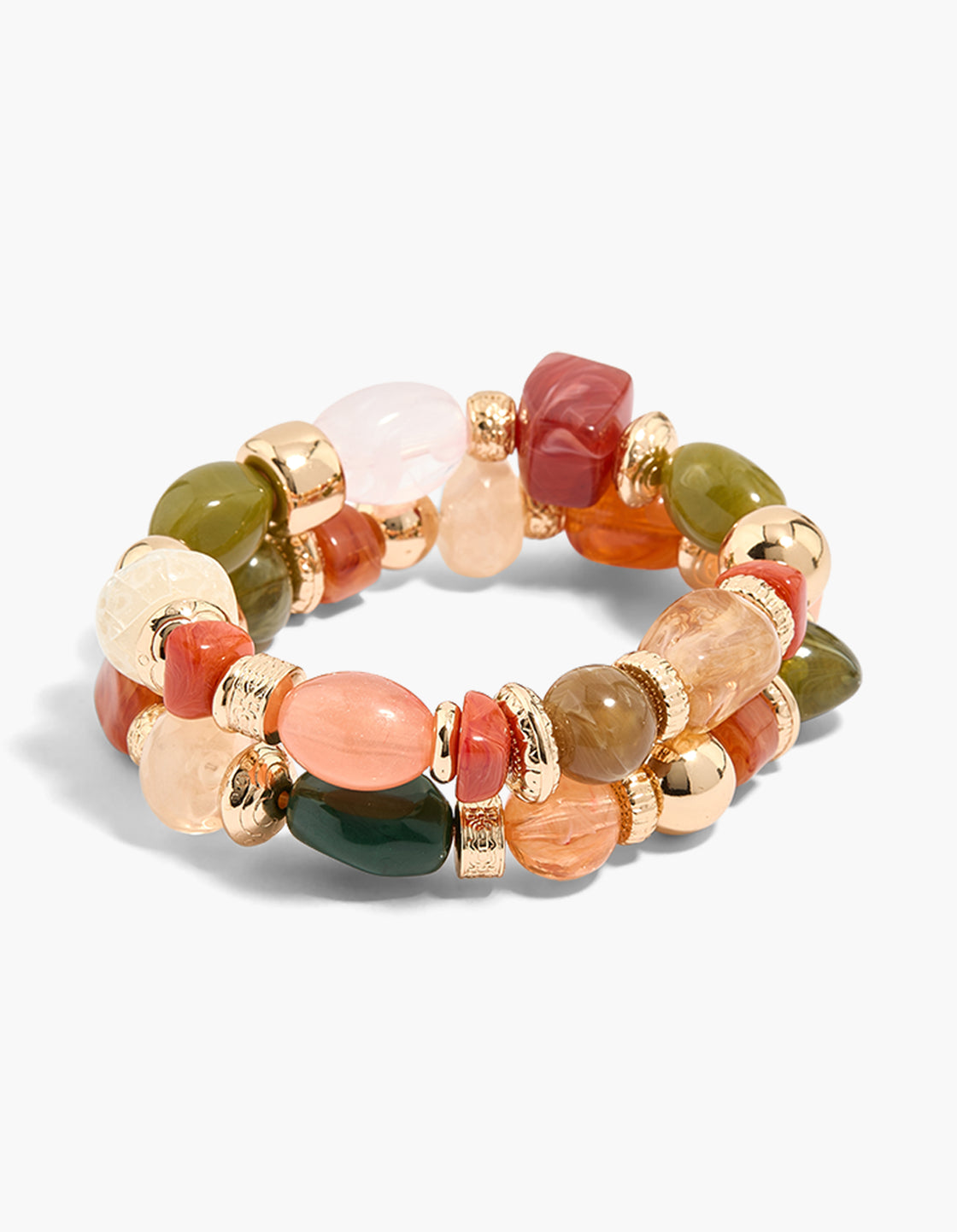 Showcasing a multicoloured beaded irregular shape bracelet 2-pack in gold front view