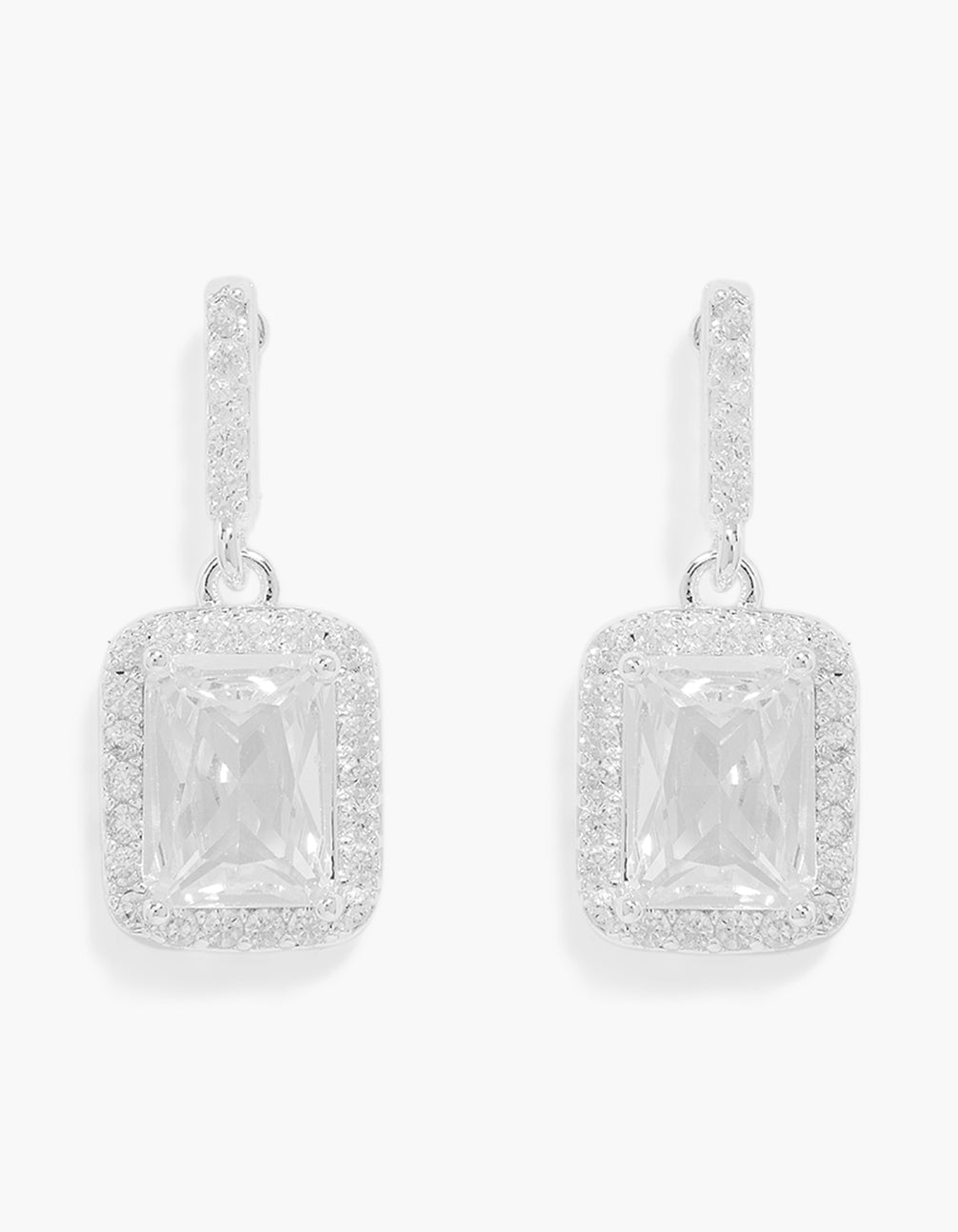 Showcasing silver plated cubic zirconia drop bar earrings front view