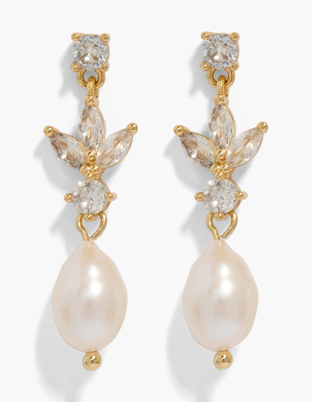 Elegant gold plated cubic zirconia vine and freshwater pearl drop earrings front view
