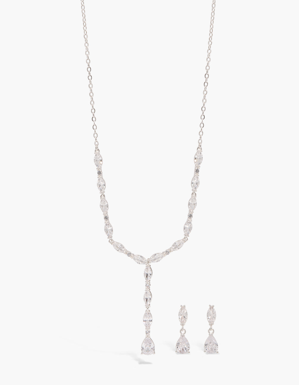 Silver Plated Cubic Zirconia Oval Teardrop Y-Necklace & Earrings Set