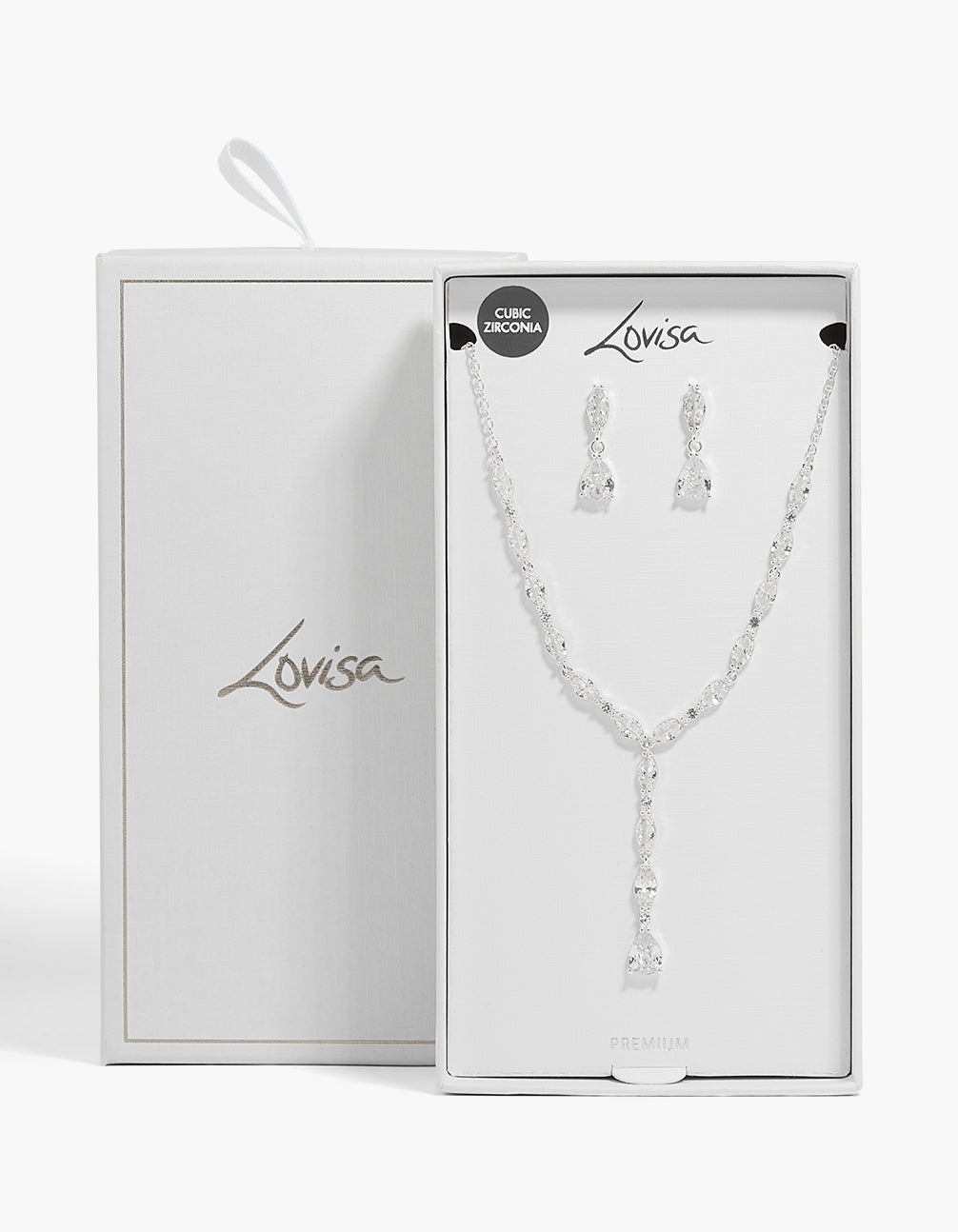 Silver Plated Cubic Zirconia Oval Teardrop Y-Necklace & Earrings Set