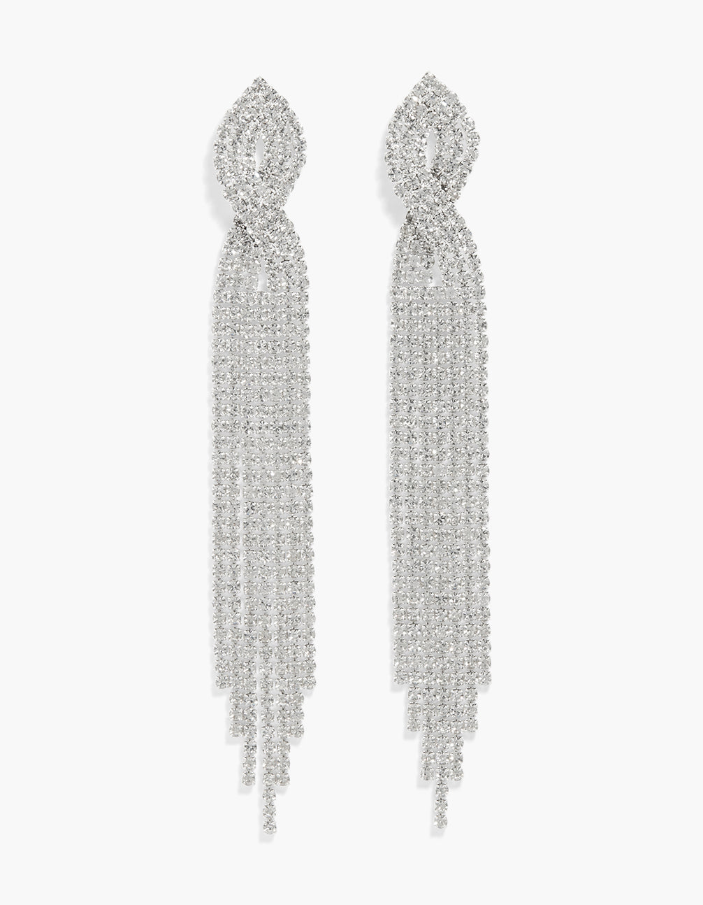 Showcasing silver diamantes crossover tassel drop earrings with statement style front view