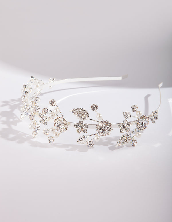 Silver Fine Floral Pearl Headband