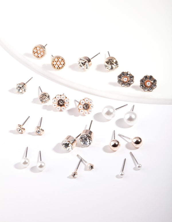 Rose Gold Diamante Pearl Flower Earring 12-Pack