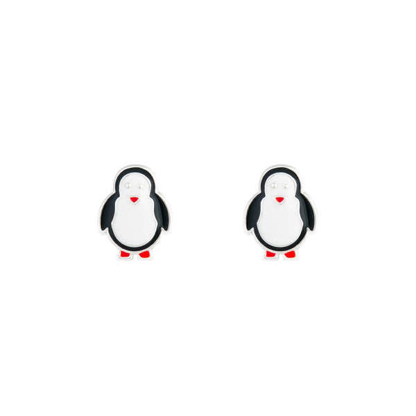 Black White Rhodium Penguin Stud Earrings