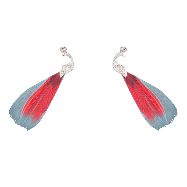 Peacock Silver Blue Pink Feather Earrings
