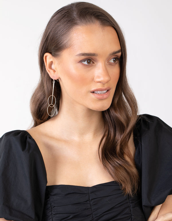 Silver Duo Circle Chain Drop Earrings