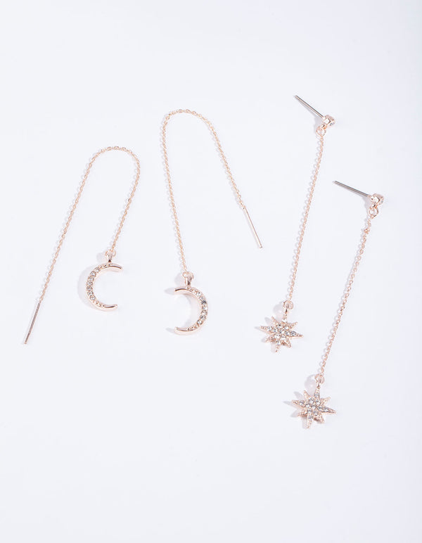 Rose Gold Star Moon Chain Earrings